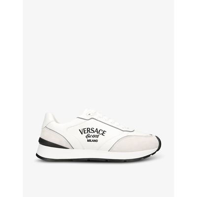 Shop Versace Men's White Logo-embellished Leather Low-top Trainers