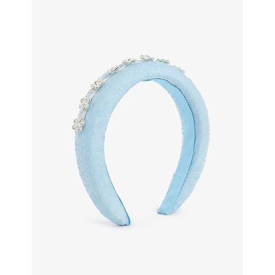 Shop Self-portrait Floral Crystal-embellished Cotton Headband In Blue