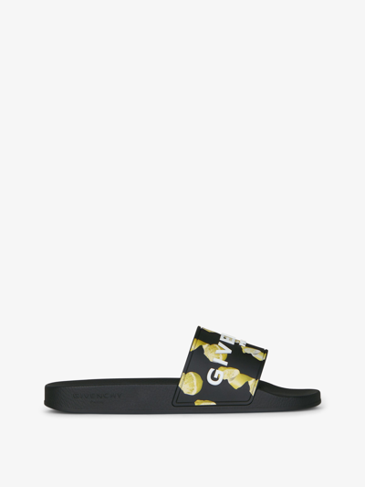 Shop Givenchy Slide Flat Sandals In Rubber With Lemons Print In Black/yellow