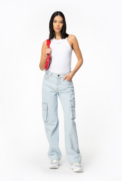 Pinko Ribbed Camisole Top With Logo In Blanc Brill.