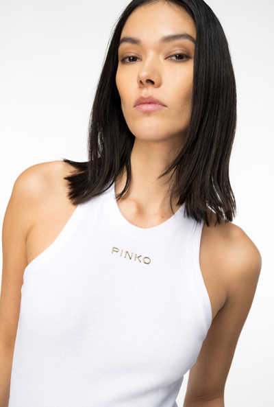 Shop Pinko Ribbed Top With Logo In Blanc Brill.