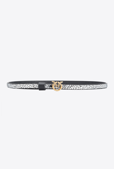 Shop Pinko Thin Belt With Love Birds Buckle And Rhinestones In Noir-vieil Or