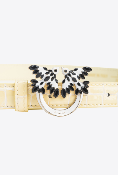 Pinko Galleria Thin 2cm Shiny Croc-print Belt With Love Birds Buckle In Foin-or Clair