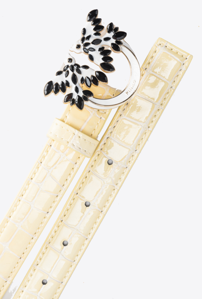 Pinko Galleria Thin 2cm Shiny Croc-print Belt With Love Birds Buckle In Foin-or Clair