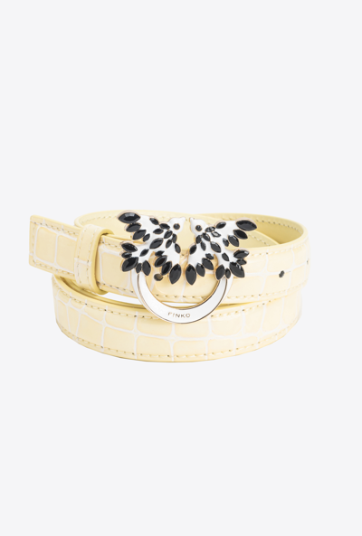 Pinko Galleria Thin 2cm Shiny Croc-print Belt With Love Birds Buckle In Foin-or Clair
