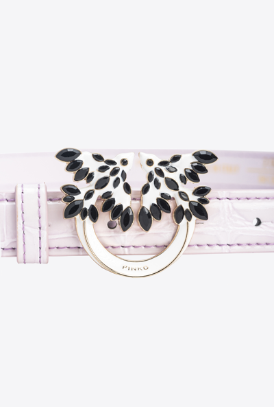 Pinko Galleria Thin 2cm Shiny Croc-print Belt With Love Birds Buckle In Lilas-or Clair