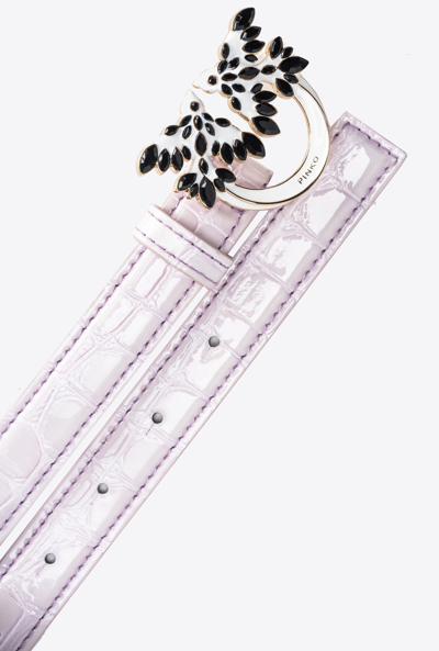 Pinko Galleria Thin 2cm Shiny Croc-print Belt With Love Birds Buckle In Lilas-or Clair