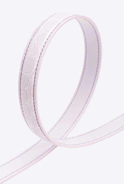 Pinko Galleria Thin 2cm Shiny Croc-print Belt With Love Birds Buckle In Lilas-or Clair