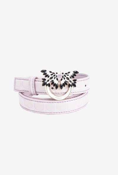 Pinko Galleria Thin 2cm Shiny Croc-print Belt With Love Birds Buckle In Lilas-or Clair