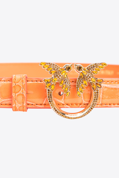 Pinko Galleria Thin 2cm Shiny Coloured Croc-print Belt With Love Birds Buckle In Orange-or Clair