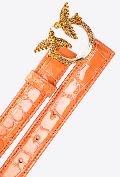 Pinko Galleria Thin 2cm Shiny Coloured Croc-print Belt With Love Birds Buckle In Orange-or Clair