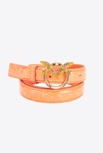 Pinko Galleria Thin 2cm Shiny Coloured Croc-print Belt With Love Birds Buckle In Orange-or Clair