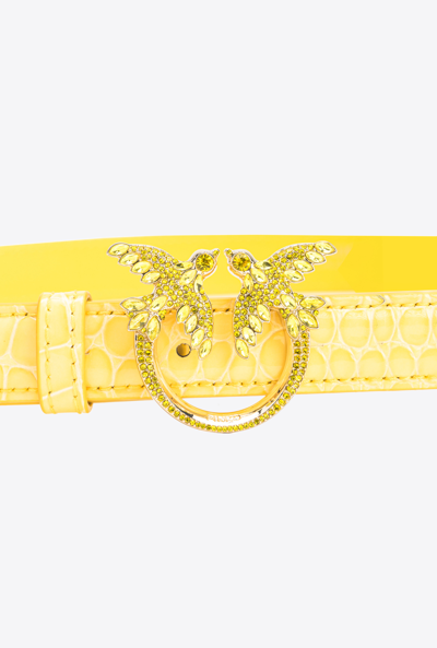 Pinko Galleria Thin 2cm Shiny Coloured Croc-print Belt With Love Birds Buckle In Jaune Soleil-or Clair