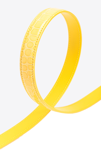 Pinko Galleria Thin 2cm Shiny Coloured Croc-print Belt With Love Birds Buckle In Jaune Soleil-or Clair