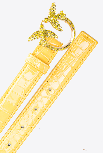 Pinko Galleria Thin 2cm Shiny Coloured Croc-print Belt With Love Birds Buckle In Jaune Soleil-or Clair