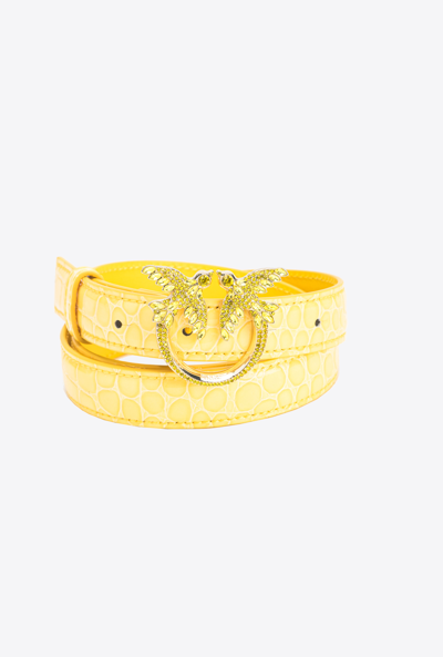 Pinko Galleria Thin 2cm Shiny Coloured Croc-print Belt With Love Birds Buckle In Jaune Soleil-or Clair