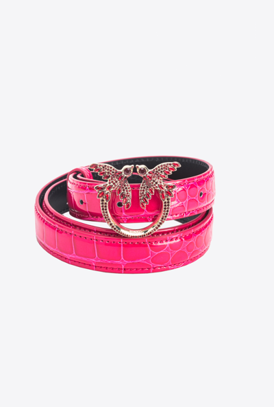 Pinko Galleria Thin 2cm Shiny Coloured Croc-print Belt With Love Birds Buckle In Rose -or Clair