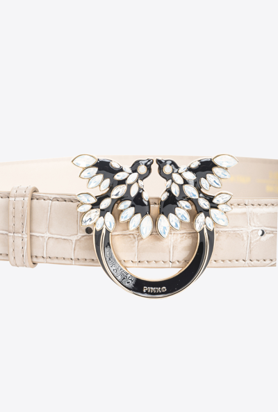 Pinko Galleria 3cm Shiny Croc-print Belt With Love Birds Buckle In Sable-or Clair