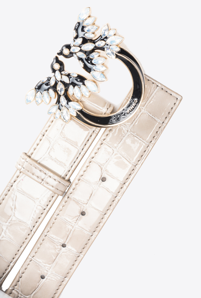 Pinko Galleria 3cm Shiny Croc-print Belt With Love Birds Buckle In Sable-or Clair