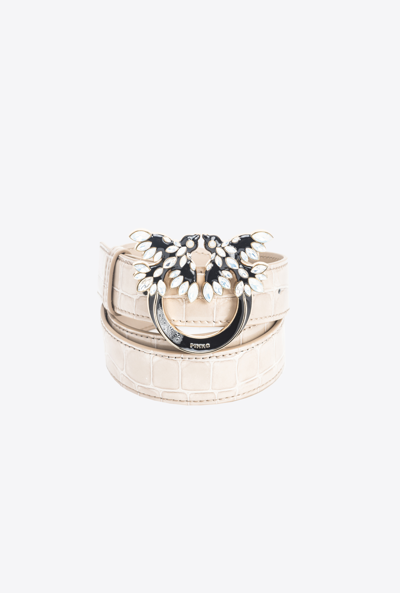 Pinko Galleria 3cm Shiny Croc-print Belt With Love Birds Buckle In Sable-or Clair
