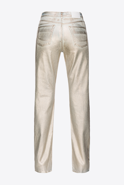 Shop Pinko Jean Straight En Denim Brillant In Silver/beige