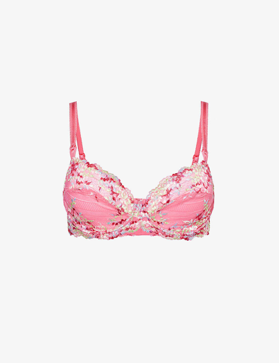 Shop Wacoal Women's Hot Pink/multi Embrace Floral-embroidered Underwired Stretch-lace Bra