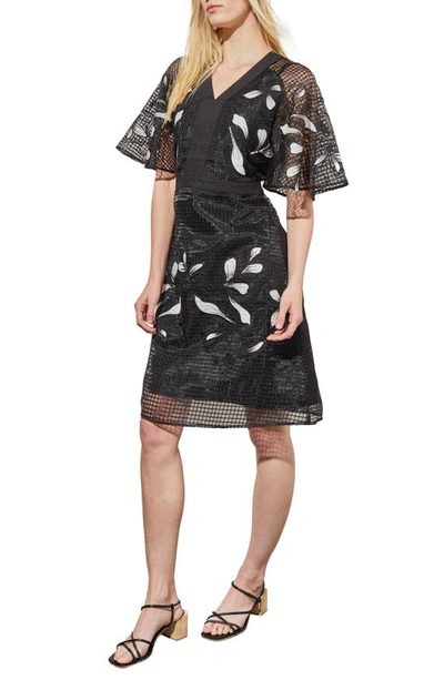 Shop Ming Wang Floral Appliqué Mixed Media Dress In Black/ White