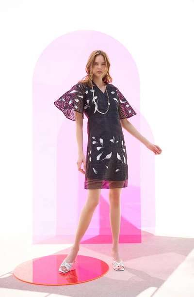 Shop Ming Wang Floral Appliqué Mixed Media Dress In Black/ White