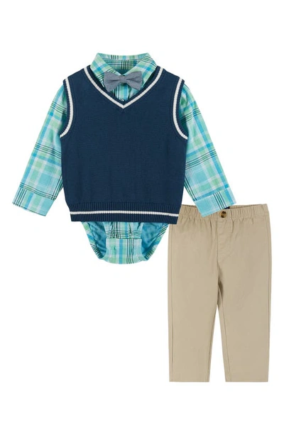 Shop Andy & Evan Plaid Button-up Bodysuit, Sweater Vest, Bow Tie & Pants Set In Green Plaid