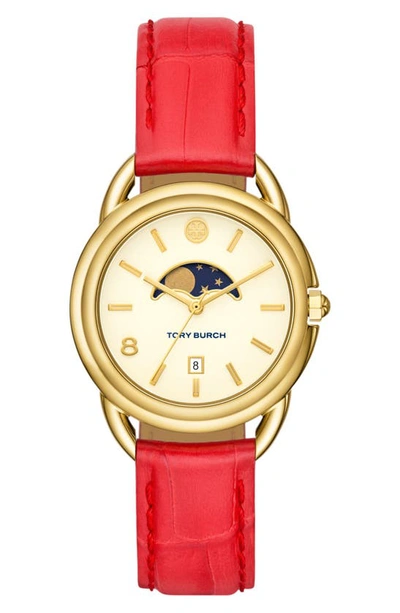 Shop Tory Burch The Miller Moon Phase Leather Strap Watch, 34mm In Red