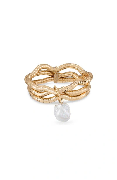 Shop Ettika Freshwater Pearl Drop Layered Stretch Bracelet In Gold