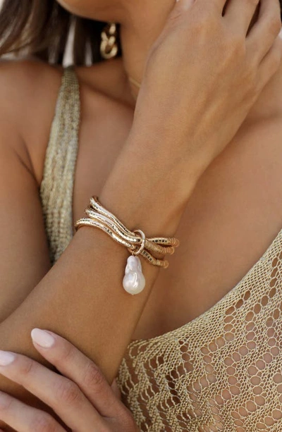 Shop Ettika Freshwater Pearl Drop Layered Stretch Bracelet In Gold