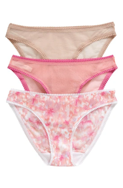 Shop On Gossamer 3-pack Mesh Hip Bikinis In Floral Champagne Sunset Rose
