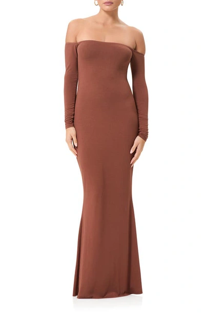 Shop Afrm Mickey Long Sleeve Off The Shoulder Dress In Clay