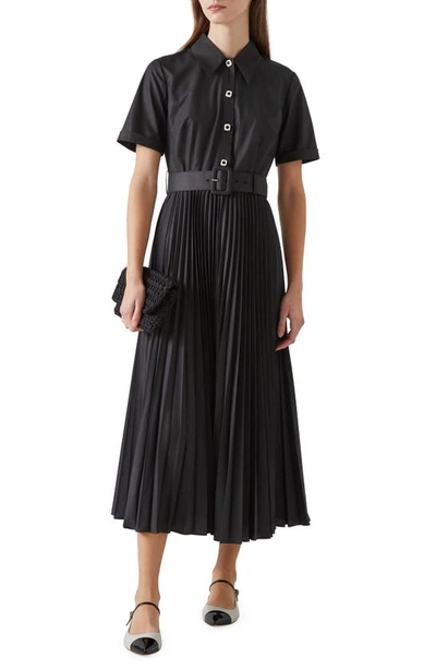 Shop Lk Bennett Cally Belted Pleated Shirtdress In Black