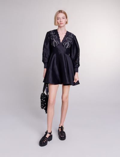 Shop Maje Short Embroidered Linen Dress For Spring/summer In Black