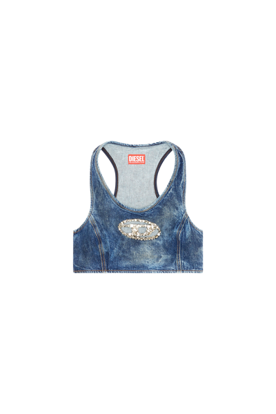 Shop Diesel Cropped Denim Top With Crystal Plaque In Tobedefined