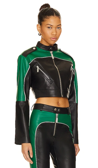 Shop Camila Coelho Cropped Moto Biker Leather Jacket In 绿色 & 黑色