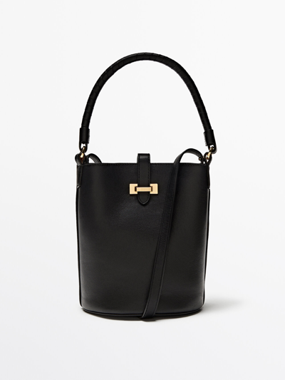Shop Massimo Dutti Nappa Leather Mini Bucket Bag With Buckle In Black