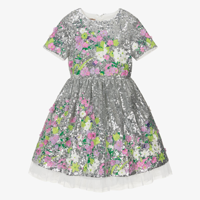 Shop Elie Saab Teen Girls Silver Floral Sequin Dress