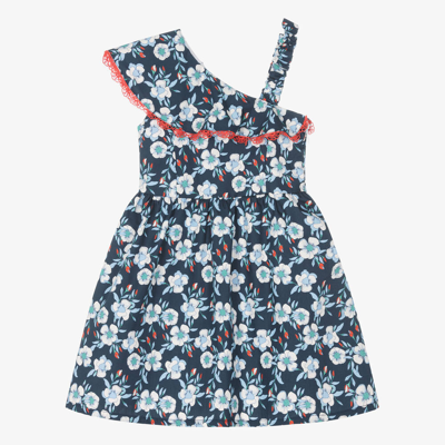 Shop Dr Kid Girls Blue Cotton Floral Frill Dress