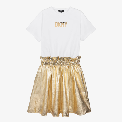 Shop Dkny Teen Girls White & Gold T-shirt Dress