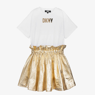 Shop Dkny Girls White & Gold T-shirt Dress