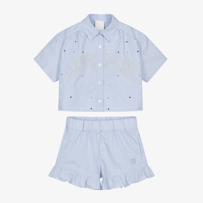 Shop Givenchy Girls Blue Swarovski Crystal Cotton Shorts Set