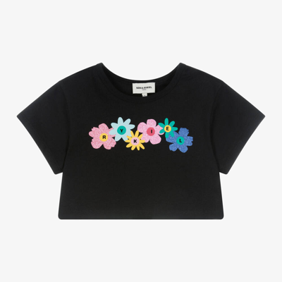 Shop Sonia Rykiel Paris Girls Black Cotton Floral Logo T-shirt