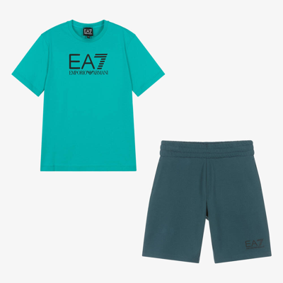 Shop Ea7 Emporio Armani Teen Boys Green & Blue Cotton Shorts Set