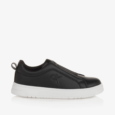 Shop Calvin Klein Teen Black Faux Leather Slip-on Trainers
