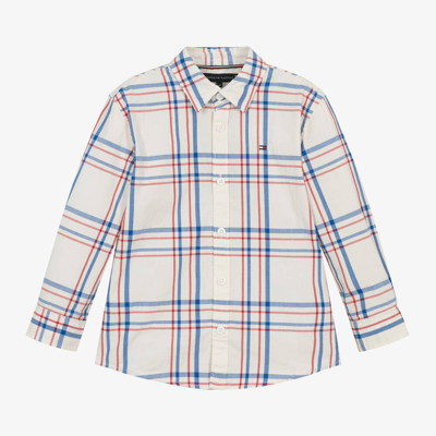 Shop Tommy Hilfiger Boys Ivory Checked Cotton Shirt In White