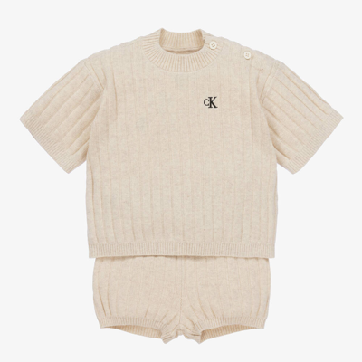 Shop Calvin Klein Beige Cotton & Linen Baby Shorts Set