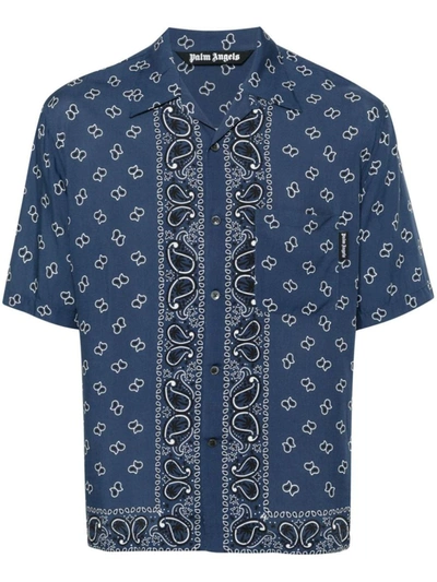 Shop Palm Angels Paisley-print Bowling Shirt In Navy Blue Navy Blue
